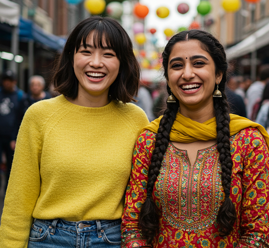 Two women in yellow clothing smiling together